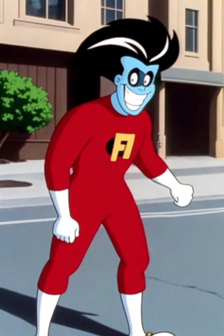 <lora:Freakazzoid:0.7>1boy, black hair, blue skin, clenched hands, full body, grin, male focus, parody, red shirt, simple background, smile, solo, teeth, on the street, cartoon, screenshot from the 1983 film,