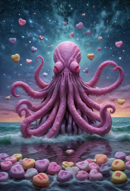 Masterpiece, high detail,high resolution, best quality,
Cthulu made from candyhearts, rising from the ocean, starry sky, eerie glow, 
Surreal, menacing