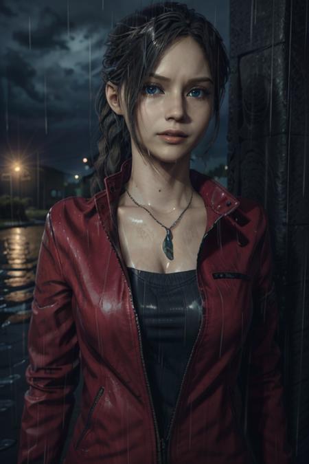 ClaireRedfieldR, 1girl, solo, jewelry, black hair, rain, blue eyes, red jacket, jacket, necklace, long hair, braid, realistic, upper body, breasts, parted lips, looking at viewer
<lora:add_detail:0.7>, <lora:ClaireRedfieldR:0.7>