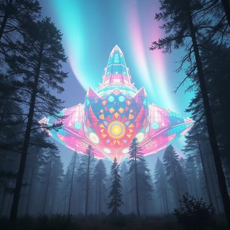 a huge spaceship build of crystal shining colors like aurora in a silent forest.