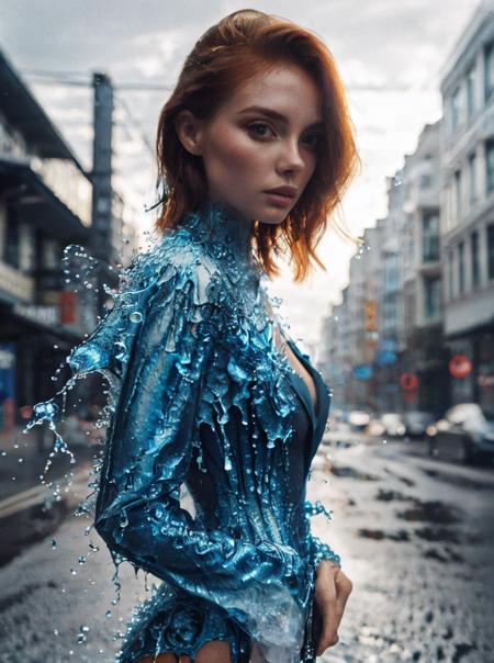 professional photo, 1girl, short ginger hair, jacket made of blue water, water drops, complex street background, 8k uhd, dslr, high quality, (intricate details:0.9), (hdr, hyperdetailed:1.2)
<lora:WaterFashion:0.9>
<lora:pytorch_lora_weights:0.8>