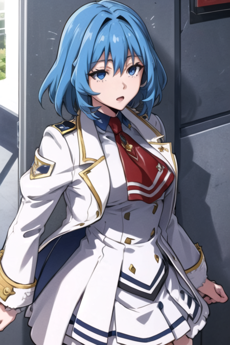 YuikaMizuha, 1girl, solo, short hair, blue eyes, white skirt, long sleeves, blue hair, puffy sleeves, uniform, red ascot, white jacket