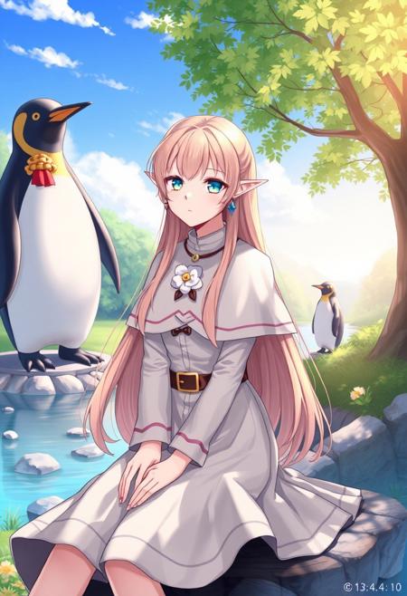 masterpiece, best quality, high quality, frieren, 1girl, long hair, pointy ears, twintails, jewelry, elf, earrings, capelet, white capelet, long sleeves, parted bangs, dress, belt, flower,(´ω｀),sitting,(:3:1.4),cowboy shot,
(statue of a big penguin background:1.0), scenery, outdoors, , tree, day, blue sky, park,river,