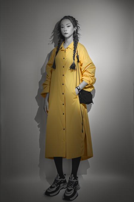 (a woman in a yellow coat holding a cell phone), (monochrome), sketch, (hand well), (finger well), (long braided hair), (bangs), with in frame, ultra-detailed, 8k, masterpiece, beautiful detailed face, (volumetric lighting), beautiful detailed eyes, (ambient light), realistic shadows, (1girl), (close up shot), looking at viewer, perfect body, body well:1, leg well:1, arm well:1 