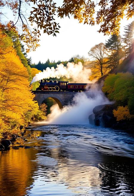 (( ((huge stone arch bridge)) across the river, old steam train)), 
BREAK
 A gentle ️air current, laden with the scent of sulfur, stirs through the canopy of a towering earth elm. Sunlight filters through the leaves, dappling the ground with warmth. As a fiery June sun  dips towards the horizon, casting long shadows, a cascade of golden leaves pirouettes and twirls in the air, pulled upwards by the rising steam. The leaves drift down, and finally settle on the surface of a steaming hot spring. The water churns gently, sending wispy tendrils of steam curling upwards, momentarily breaking the perfect reflection of the fiery sky. Air Elemental