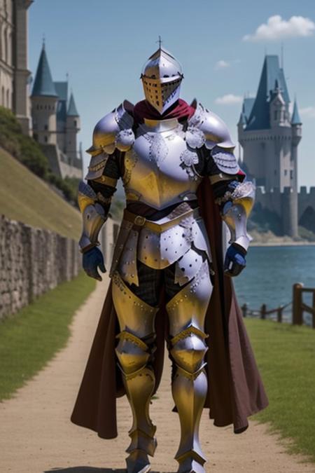 1boy, solo, solo focus, teenage, wear medium armor, brown color armor theme, outdoor, cape, castle in the background, knight, armor, helmet, body straight to viewer, front body view, full body