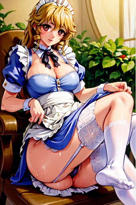 8k, best quality, high resolution, masterpiece, detailed,(photo realistic:1),ultra-detailed,(1girl,solo:1.2), light purple long bow,beautiful eyes,(maid:1.5),maid headband,apron, tied suite,thighhigh,large hip,(huge breast:1),(midriff:1.5),belt,out of focus,(lift skirt:1.5),(string_thong,sitting chair:1.4),socks,loafers,(looking away:1.5) ,nsfw,day,cleavage,cafe,sweat,milk on body,excessive cum on body,(from back,from upside,ass focus:1.3)
 <lora:jane1:0.5>,jane,elysion,1girl, breasts,thighhighs, maid,large breasts,brown eyes,drill hair, white thighhighs, garter belt, lace, garter straps, lace-trimmed legwear, blonde hair, long hair, maid headdress, apron, blue panties, lace trim, skirt,