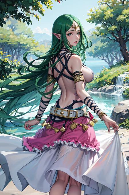 from behind,<lora:naga:0.9>,def_naga,long dress, jewelry, navel, looking at viewer, circlet, large breasts, sleeveless, bracelet, bare shoulders, armlet, belt,white long skirt  ,  stomach, center opening,outdoors,(masterpiece, best quality, ultra-detailed, best shadow)