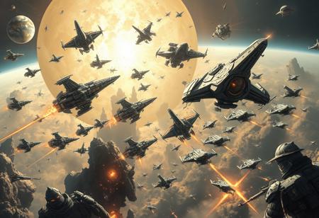 best quality,(Luis Royo style), masterpiece, extremely detailed, an extremely delicate and beautiful, dynamic, realistic anatomy, great lighting, perfect shading, professional shading, depth of field, Epic Sci-Fi battle in space with numerous ships fighting each other, pure genious, absolutely perfect, gentle, highly detailed, breathtaking