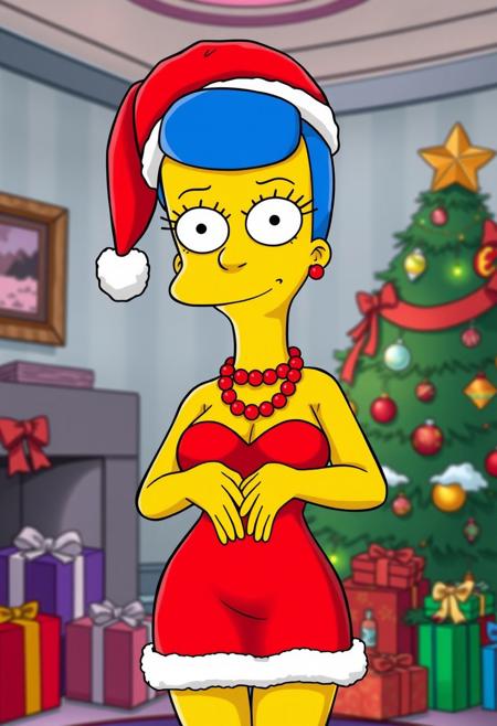 The simpsons comic, 1girl, m_s, Marge, solo, tall beehive hairstyle, round eyes with black pupils, black eyes, perfect tight breasts, Expressiveh, red pearl necklace, blue hair, yellow skin, sexiest pic on earth, perfect woman, goddess alive, marge perfect body, skindentation, showing boobs, dress pulled down to waist, christmas minidress, christmas, santa hat, santa costume, standing, sexy pose, adult pose, teasing, ((horny expression 0.2)), , front view, indoors, christmas tree, presents, small color light on christmas tree, christmas ornaments, sun-ray, depth of field, from above, upper body, detailed background, sharp background, master piece, Good color composition, great quality, (((perfect face))), ((perfect eyes)), perfect hands,