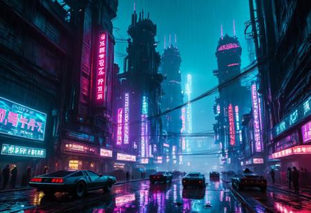 Ultra-detailed cyberpunk megacity at night, heavily inspired by Blade Runner, towering skyscrapers covered in glowing neon signs and holographic ads, dense layers of smog and rain falling from the sky, streets glistening with reflections, massive monolithic structures looming in the background, flying cars (spinners) zipping through the air, gritty lower levels filled with rusted metal, pipes, and cables, worn-out and modified vehicles on the cracked roads, dystopian industrial aesthetic, a chaotic blend of high-tech and decay, flickering lights, shadows, steam rising from vents, dark synthwave color palette (neon blues, purples, reds), cinematic wide-angle, ultra-realistic digital painting, hyper-detailed textures, atmospheric depth, rain-soaked noir mood