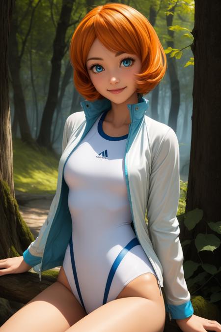 pkmnmisty, 1girl, solo, blue eyes, orange hair, short hair, bangs, white one-piece swimsuit, competition swimsuit, white jacket, open jacket, long sleeves, swimsuit under clothes,