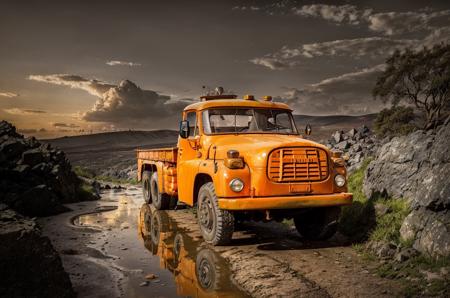 raw, spring sunset, detailed, strormy clouds, cinematic, mist, volumetric lights BREAK
sky, sun low on horizon, detailed, construction site, sandstone boulders BREAK
(construction orange truck tatra148:1.1) shiny, new <lyco:tatra148-loha:.75>, dynamic view, sandstone old buildings landscape, water puddles on road BREAK sandstone old rock , detailed, weathered rocks, trees
<lora:sandstoneold:0.1> <lora:entropy-alpha:.1>