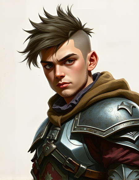 short stocky young man with short trimmed goatee, warrior in dnd armor