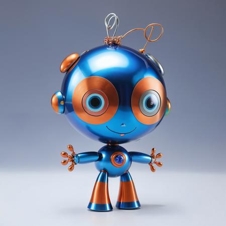 A whimsical annealed stainless steel doll featuring a unique combination of blue and orange colors. is designed in a playful, cartoon-like style, big, round eyes, a wide smile, and friendly expression. The theme is superhero