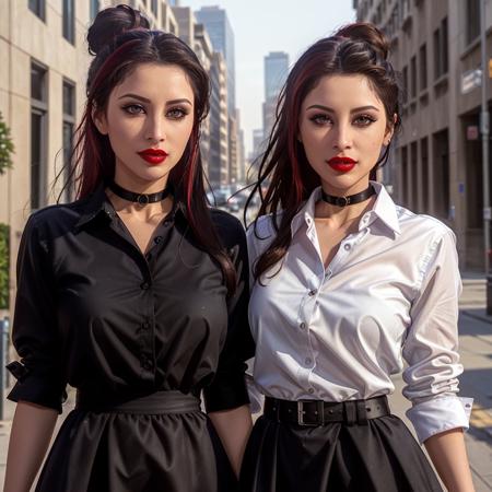 photo of <lora:anniesorrell-10:0.7>, sorrelltwins,a photo of two beautiful cute gorgeous women with ((pale skin, hair up, hair in bun):1.3),((pale skin, black hair):1.1), ((cowboy shot, waist, hips, thighs):1.2), ((collared dress shirt, choker, miniskirt):1.3),((walking,outdoors, city street, at night):1.2),((detailed face, beautiful face, detailed eyes, beautiful eyes):1.1), ((red lipstick, eyeliner, eye shadow):1.2),((best quality, masterpiece, extreme details):1.2) ((detailed eyes, detailed face):1.2),modelshoot style, (extremely detailed CG unity 8k wallpaper), photo of the most beautiful artwork in the world, professional majestic (photography by Steve McCurry), 8k uhd, dslr, soft lighting, high quality, film grain, Fujifilm XT3 sharp focus, f 5.6, High Detail, Sharp focus, dramatic