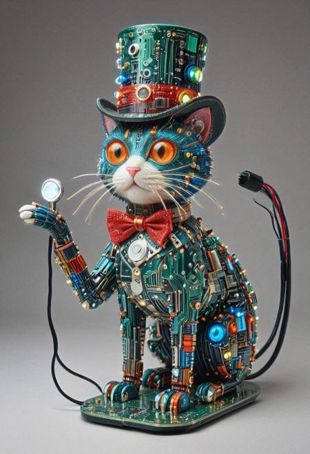 embedding:lazmpos, Transistors, pcb_style, LED, colorful LED lights, RGB lights, red green and blue cat, art deco, top hat, cane, monocle,RetroBG