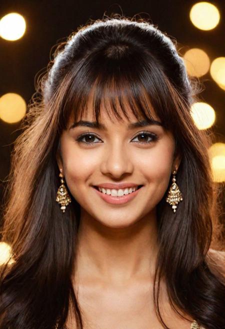 [Extreme long shot. Create a highly realistic wide angle photo of a young, slight smile, camera focused around 21 years old [Japanese:Russian:Indian:1.5:1:2] girl student. The image should be detailed, making it challenging to discern whether it's a real photograph or a digital creation. Achieve realism in her facial features, skin texture, and hair, and ensure the lighting contributes to the overall authentic appearance. Hair is long and silky, floating in air. partially visible silver round earrings. ((Dense Bangs hair style)). Dimple. Night at Diwali festival] rule of third, detailed, romantic, very inspirational, beautiful, elegant, lovely, cute, pretty, modern, epic composition, fabulous atmosphere, cinematic light, dynamic dramatic ambient, (sharp)