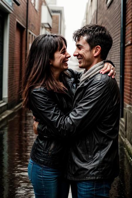 A passionate embrace between two lovers in a rain-soaked alley.