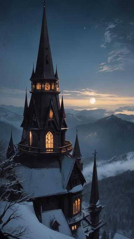 a masterful digital fantasy painting in the style of Greg Rutkowski Dan Mumford and Caspar David Friedrich , a dark tall and gothic vampire castle sits atop a creepy mountain spire, moonlit, night, masterpiece, 8k, award winning, high quality, best quality, cinematic, extremely detailed, intense lighting, epic,