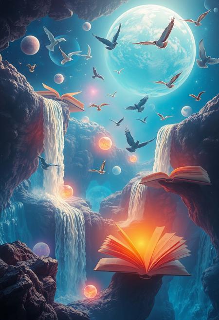 A surreal image of waterfalls cascading from floating books in space, with pages turning into flocks of birds. Fantasy creatures soar around, weaving between the waterfalls and glowing planets. The scene is bathed in ethereal light, with vibrant colors and an otherworldly atmosphere.