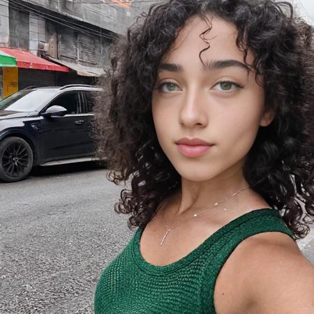 A girl with black curly hair, standing on the street looking at someone, handsome, highly detailed, highly detailed skin, white skin, green eyes, instagram photo, skin pores,Zeiss 150mm f/2.8,, <lora:BrazilGPamateur-000012:0.85>