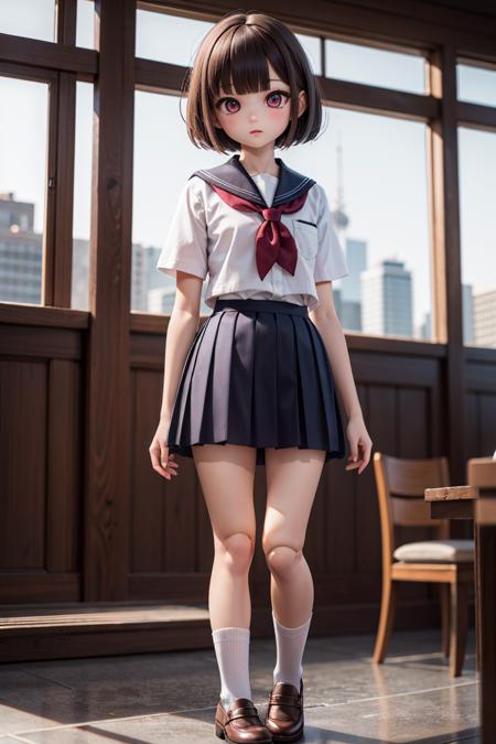 (masterpiece), best quality, high resolution, highly detailed, detailed background, perfect lighting, outdoor, 1girl, petite, short hair, blunt bangs, doll joints, school uniform