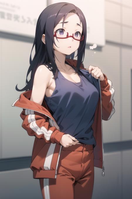 <lora:sato-000006:1> sato,
glasses, red-framed eyewear, under-rim eyewear,
blue tank top, track jacket, open jacket, track pants, hair down, zipping up,
1girl, solo