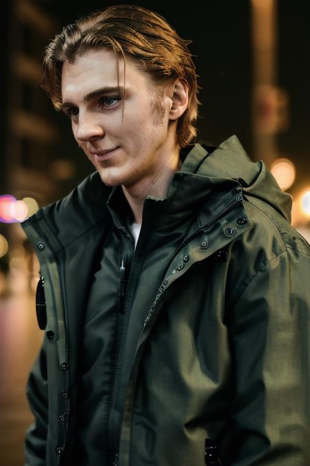 cinematic shot of a handsome young man standing in an black jacket, combed hair, downtown on a rainy midnight, upper body, close up, looking down, candid, amateur, smiling, (raw, 8k, uhd, fujifilm xt3), sharp, ominous green lighting, <lora:paulDano:1>, cinematic lighting