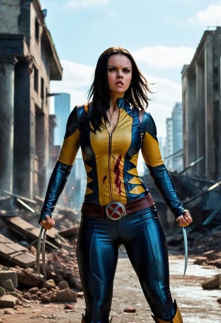 High resolution ultra-realistic of Beautiful Laura Kinney/X-23, cinematic lighting, MCU style, ultra realistic, 8K, fighting stance, X-Men style, standing among the ruins of buildings, Greg Rutkowski, Intricately Designed bloody dirty face, wavy black hair, Realistic beautiful brown eyes, gazing straight ahead, Atrractive 21 years old Dafne Keen as X-23 woman, realistic modern combat X-Men costume, dirty, bloody, beautiful firm Breasts, defiant and seductive, X-Men style, Marvel style, MCU sci-fi style, Superheroine, Standing in the middle of a dark dirty street on the City, sharp focus, digital painting, Photograph Taken on Nikon D750, Alphonse Mucha, 8K, athletic figure, Hyperdetailed, hyperrealism, aesthetics reminiscent of X-Men, Attractive, Attractive bust girl, asymmetric balance
