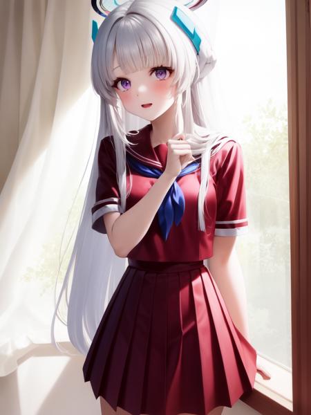 (red serafuku:1.4), 1girl, solo, standing, (neckerchief:1.1), white hair, purple eyes, short sleeves, pleated skirt, (red skirt:1.2), long skirt, indoors, very long hair, halo,