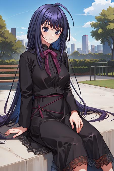 1girl, (park:1.2), sky, cowboy shot, smile, sitting, 
ever17_tugumi, black eyes, black hair, long hair, very long hair, ahoge, ribbon, bow, long sleeves, dress, black dress, black skirt, long skirt, lace,  <lora:ever17_tugumi_lora_ver1:0.8>, best quality, masterpiece, highres, <lora:GoodHands-vanilla:1>