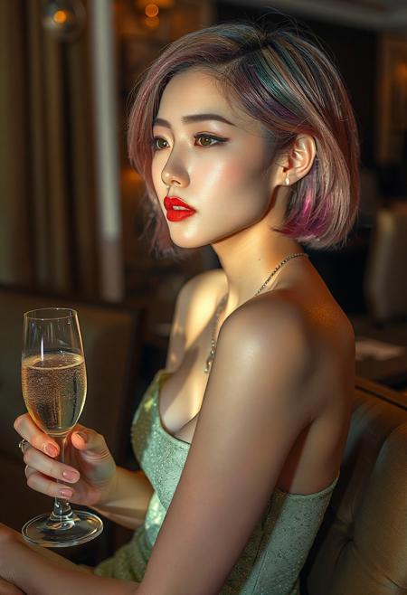 DSLR-style, slender, elegant 26-year-old Korean model, extremely pale skin with natural texture, soft shadow on cheek, diffused daylight from side, parted lips, masterpiece, ultra high-res  
<lora:NOOB_vp1_detailer_by_volnovik_v1:1>
barely visible pores, subtle skin texture variation, translucent skin tone, full body. 
masterpiece, best quality, 32k, high resolution, absurdres, HD32k, masterpiece, 1girl solo, short hair, rainbow hair, small breasts, blue eyes, slim, detailed eyes, detailed lips, light green tube dress, glitter dress, cleavage, tight dress, nipple peek, holding a glass of champagne, indoor, party, party room, fancy room, warm light, makeup, lipgloss, jewels, necklace, dynamic view, cowboy shot, looking away, sitting, crossed legs,