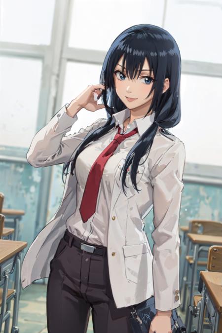 (masterpiece, best quality:1.2), <lora:beelzebub_kunieda-10:0.7>, cowboy shot, solo, 1girl, kunieda aoi, smile, looking at viewer, hand in own hair, blue hair, school uniform, blazer, necktie, pants, classroom