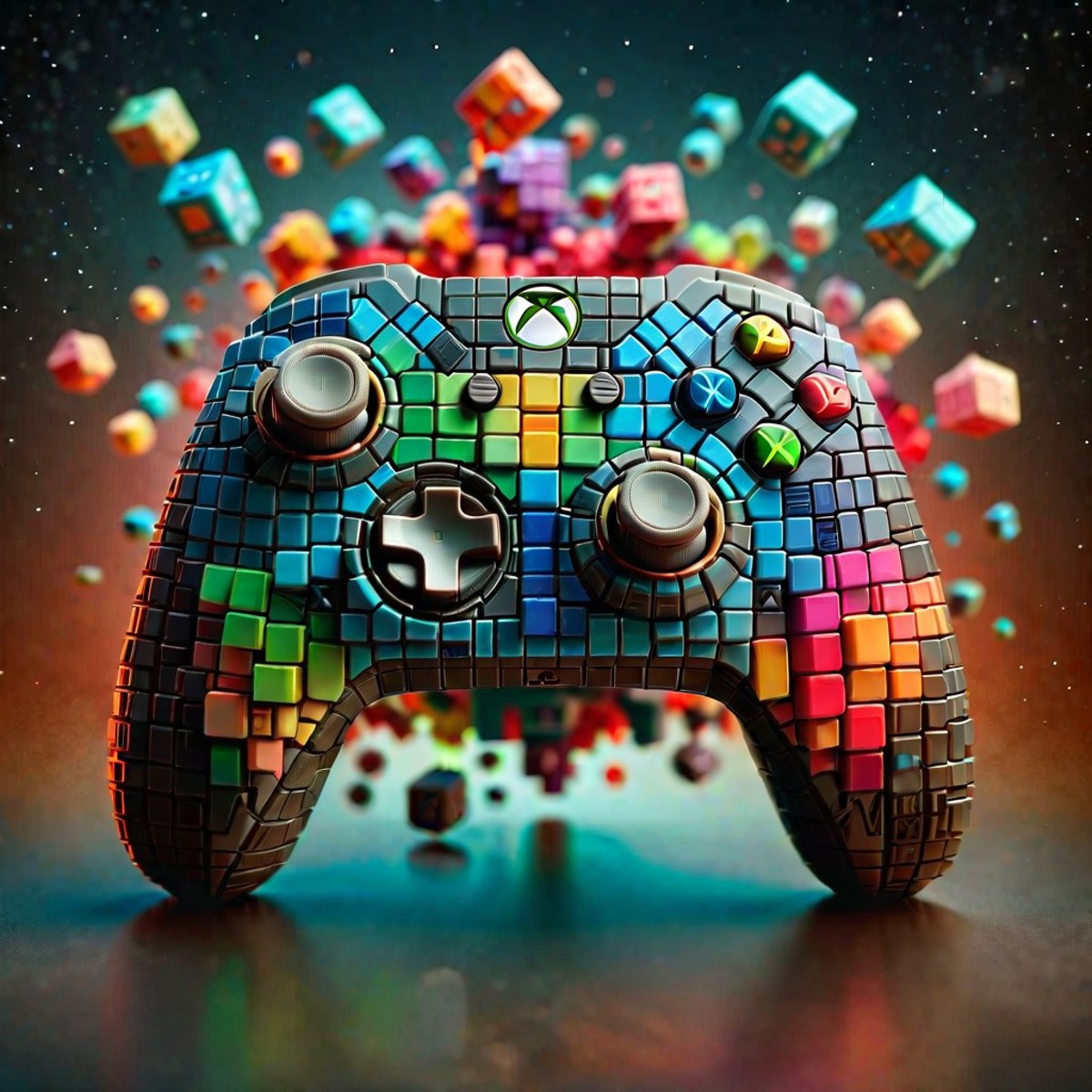 A colorful and mosaic-style Xbox controller with a rainbow background.