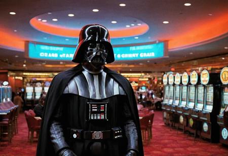 (((80sPortrait glamorous bright stylish grainy cinematic))), Darth Vader, indoors luxury casino, neon lights, (film grain:1.5)