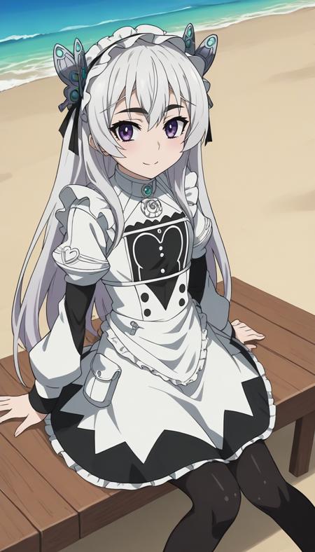 Chaika Trabant, white hair, long hair, purple eyes, black eyebrows butterfly hair ornament, hair ribbon, white dress, maid headdress, white rose, frills, pantyhose, white shoes, puffy long sleeves, brooch,