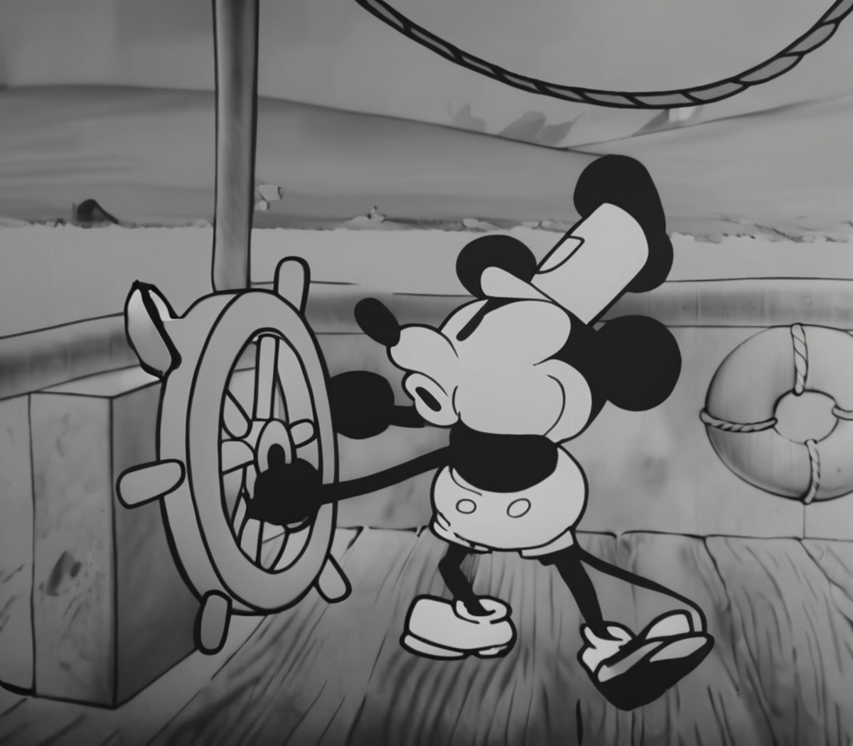 1920s animation, mickey mouse wearing hat, mickey mouse happy holding steering wheel and whistling, rope above, mickey mou...