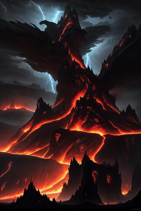 a colossal black citadel floating in the sky, surrounded by lightning storms and flaming rocks, jagged gothic spires piercing the clouds, glowing red lava rivers flowing through the sky cracks below, winged demon guards flying around, distant view of a doomed world beneath, epic high-fantasy concept art style, ultra-realistic textures and lighting, cinematic widescreen