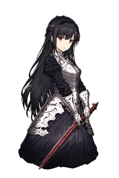 masterpiece, 1girl,solo,best quality, nii_manabu, black hair, red eyes, long hair,((Angelica)), armor, holding_sword,