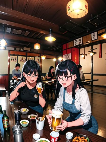 masterpiece, best quality, ultra-detailed, illustration,
murayakuba, izakaya, scenery, ceiling light, indoors, stool, reflection, menu, counter, shop, bottle, ceiling, lamp, poster (object), 
multiple girls, glasses, black hair, long hair, laughing, beer mug, beer, salad, food,karaage, 
 <lora:Murayakuba:0.8>