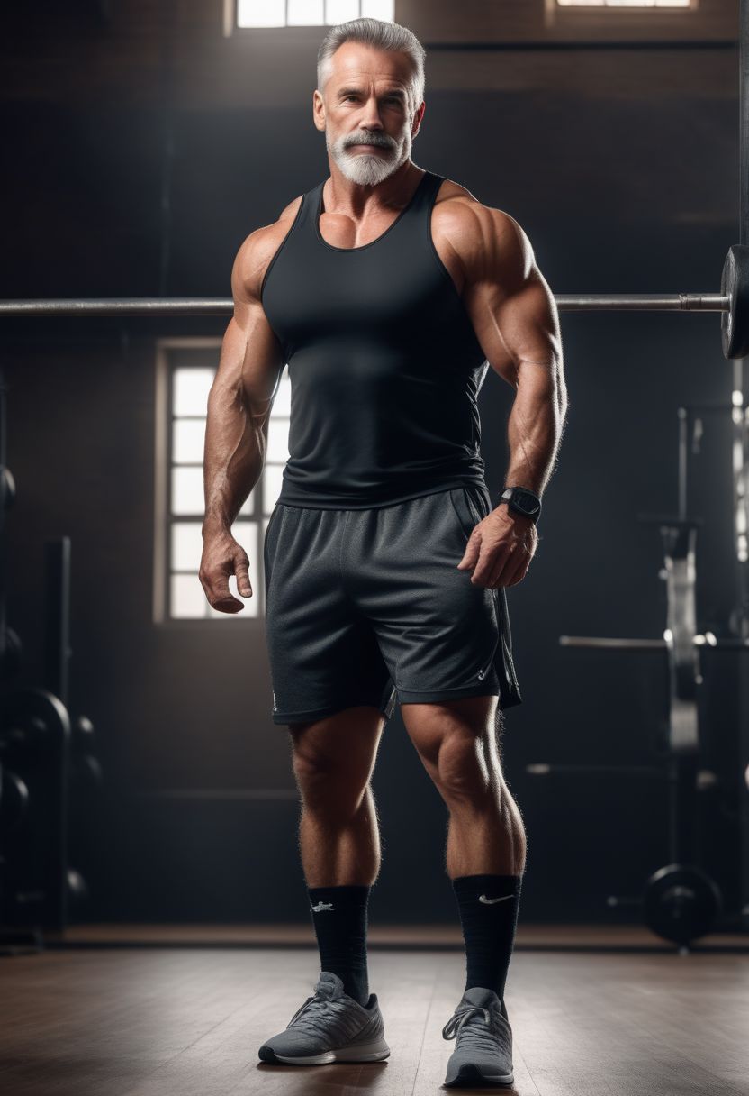 professional photoshot of: full body handsome mature male bodybuilder with hairy body posing for the camera in an old gym, wearing tank top, sport short, sneakers and sport socks. Hyperreal, uhd, 8k, dslr, volumetric light, professional lighting, difuse light, key light