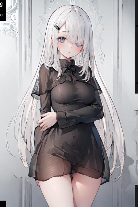 masterpiece,best quality,ultra-detailed,very detailed illustrations,extremely detailed,intricate details,highres,super complex details,extremely detailed 8k cg wallpaper,  1girl, solo,standing,  <lora:Noir_v1:1>, noir-noworld, black dress, see-through, nsfw, no bra, no panties,  arms at sides,