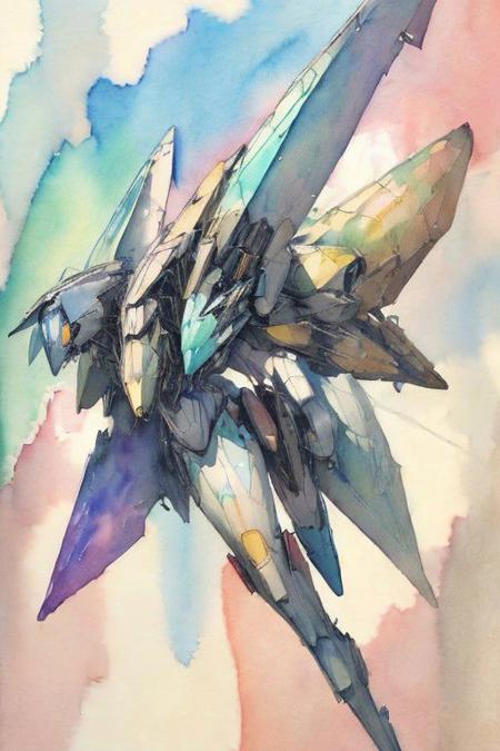 (watercolor art:1.5), 2d artwork, line art, cenptual art, a flying mecha-cyber woman, cybernetics,  <lora:Llebbeuswoods
:1.5>, (seductive pose), aviation