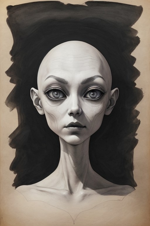 beautiful linework, minimalist drawing, annotated, portrait of a thin alien, black large eyes, subtle horrors emerging fro...