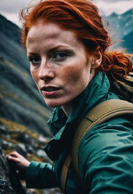 redhead woman climbing on mountains, closeup, intricate details, hyperdetailed, cinematic, dark shot, muted colors, film grainy, soothing tones, muted colors, technicolor, (muddy:0.6)