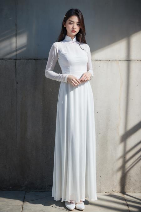 1girl, aodai white, photo art, (flower), <lora:aodai_SDLife_Chiasedamme_v3.0:0.62>, a stunning photo with beautiful saturation, ultra high res,(realistic:1.4)),deep shadow,(best quality, masterpiece), pale skin, dimly lit, shade, flustered, blush, highly detailed, skinny, BREAK depth of field, film grain, wrinkled skin, looking at viewer, knee, warm smile, (upper body), masterpiece,ultra realistic,32k,extremely detailed CG unity 8k wallpaper, best quality, (full body:1.4)