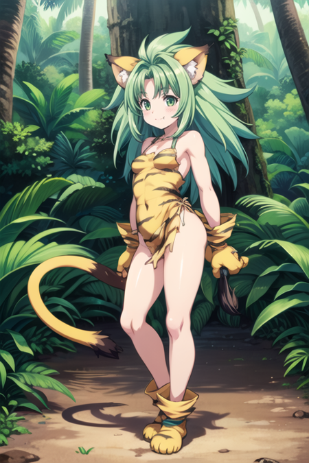 animal ears,gloves,animal hands,tiger print,animal print,tail,green hair,1girl,paw gloves,long hair,cat ears,green eyes,solo,paw shoes,shoes,fang,blush,looking at viewer,small breasts,smile,tiger ears,jungle background,tiger tail,tiger girl,cat tail,bare shoulders,solo focus,torn clothes,jewelry