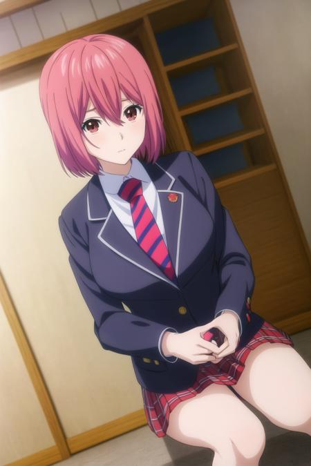 hisako, anime art style, 1girl, solo, short_hair, bangs, shirt, red_eyes, brown_eyes, school_uniform, jacket, white_shirt, upper_body, pink_hair, necktie, striped, collared_shirt, indoors, blazer, blue_jacket, red_necktie, striped_necktie