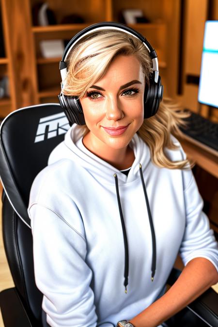 headshot, professional photograph of ((alanah_pearce_face:0.89)), a woman (wearing an oversized hoodie, headphones), streamer, gamer, (medium breasts), slight smile, ((looking at viewer)), blonde hair, (long hair), messy hair, ((webcam perspective)), (extremely detailed, 8k, wallpaper), masterpiece, beautiful, by Jeremy Mann, trending on ArtStation, trending on CGSociety, Intricate, High Detail, skin pores, Sharp focus, dramatic, photorealistic by greg rutkowski, ((sweatpants)), ((in gaming studio, on gaming chair, leather chair)), (looking at viewer), (detailed eyes:1.05),  ((sfw))